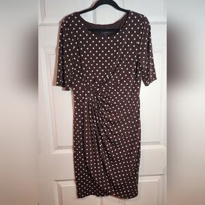 Connected Apparel Stretchy Brown White Polka Dot Gathered Side Knee Length Dress